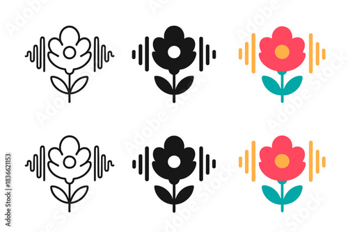 Abstract Floral Evolution. Bloom with amplified petals and soundwave halo, abstract minimalist vector illustration, first in line