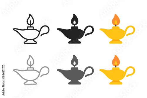 Stylish Oil Lamp Designs. Oil lamp with visible wick and curved handle, clean minimal vector illustration, abstract icon, first in