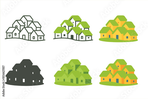 Colorful Village Illustrations. Small village with moss-covered rooftops nestled together, abstract minimal vector illustration,