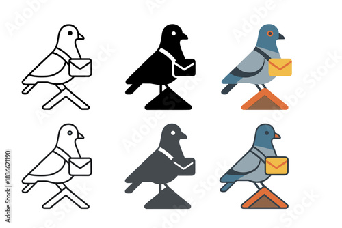 Pigeon Mail Courier. Pigeon perched on rooftop with small mailbag, minimal vector icon, first in line style with thin outline,