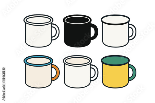 Stylized Camping Mugs. Side angled view of enamel camping mug with handle and simple design, simple minimal vector icon, first in