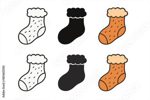Colorful Knitted Sock Icons. Knitted wool sock with fluffy texture and warm appearance, clean geometric minimal icon, first in