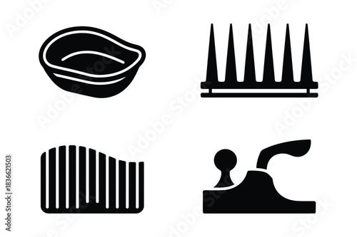 Four black and white icons representing medical or grooming tools