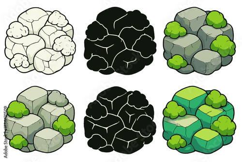 Mossy Stone Textures. Close-up of uneven stone surface covered in clusters of green moss, geometric blocks balanced by organic