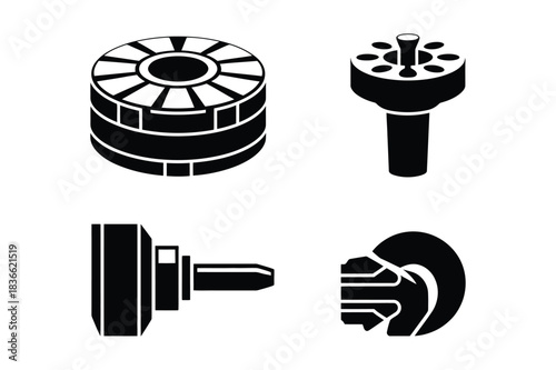 Set of four black and white icons representing mechanical components
