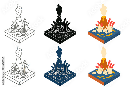 Deep-sea Vent Life. Cross-section of deep-sea vent ecosystem with extremophiles clustered near mineral chimney, clean geometric