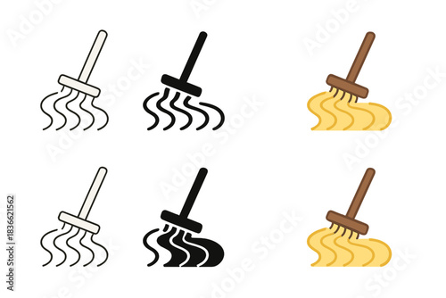Rake Icon Styles. Minimal rake icon leaving perfect ripple lines in sand, symbol of mindfulness and precision, first in line style