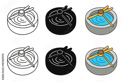 Harmonious Water Basin. Top view of circular stone basin filled with rippling water, ladle resting on bamboo support, minimalist