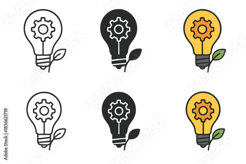Leafy Gear Lightbulb. Lightbulb sprouting a leaf stem with visible gear cogs inside the glass, smooth modern vector illustration,