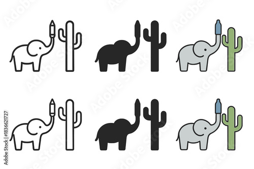 Elephant Icon Variations. Elephant standing beside a cactus with a pen balanced on its trunk, minimalist vector icon set, first in