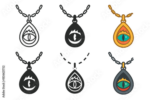 Dragon Eye Pendant. Dragon eye pendant hanging from a linked chain, elegant minimal vector design, first in line style with thin