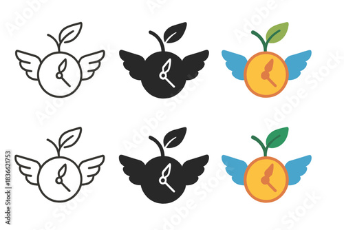 Leaf Time Metamorphosis. Apple leaf transforming into a clock hand with wings extending from its sides, clean geometric vector