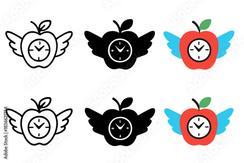 Time-Flying Apple Icon. Apple with clock face embedded at its core and small wings on each side, minimalist vector icon set, first