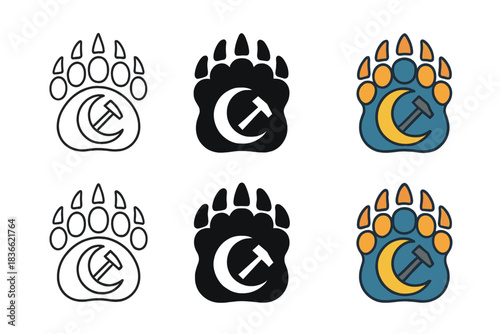 Bear Paw Symbol Icons. Bear paw imprint containing a moon and hammer symbol inside, clean geometric vector icons, first in line