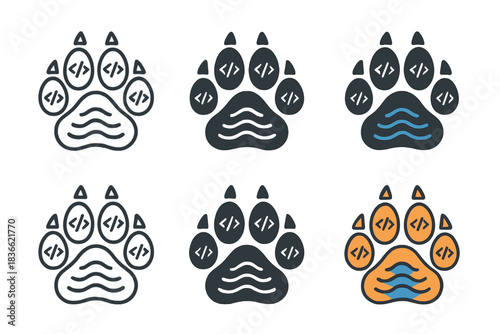 Wolf Paw Symbolism. Wolf paw print with river waves and code symbols inside each pad, clean geometric vector icons, first in line