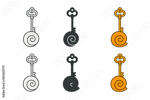 Snail Shell Key. Antique key growing naturally from a snail shell spiral, smooth modern vector illustration, first in line style