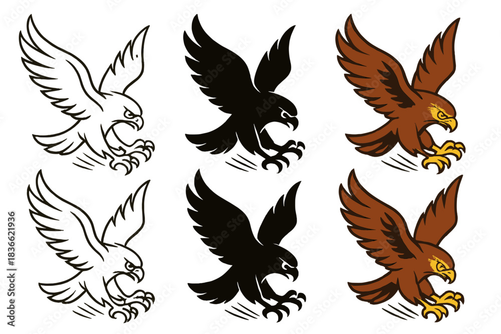 Naklejka premium Hawk's Dynamic Pursuit. Hawk Prey Talon, stylized composition featuring curved wings, focused eyes, and grasping motion lines,