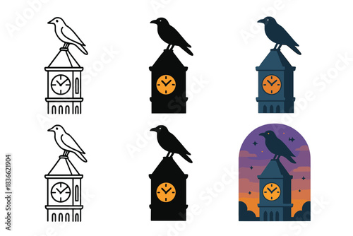 Crow on Clock Tower. Crow Clock Tower, mysterious urban icon showing a crow perched atop an old clock tower under twilight, first
