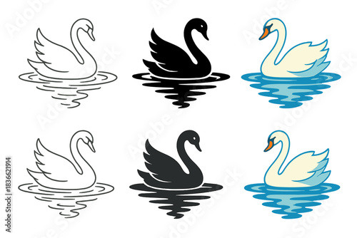Symmetrical Swan Reflections. Swan Lake Reflection, stylized design with smooth curves, gentle ripples, and perfect symmetry of