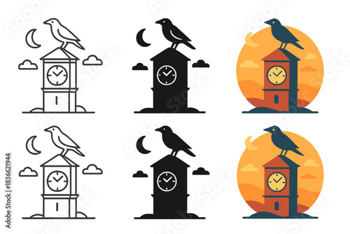 Modern Crow Clock Tower. Crow Clock Tower, modern minimal design uniting architecture, dusk, and the symbolism of watchfulness,