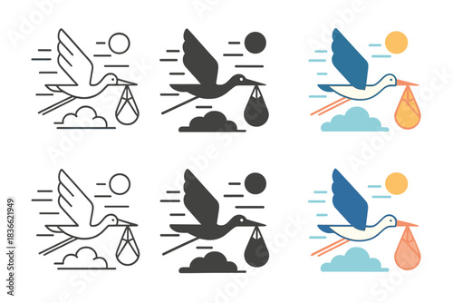 Stork Delivery Artistry. Stork Bundle Delivery, elegant geometric composition representing motion, nurture, and serene sky balance