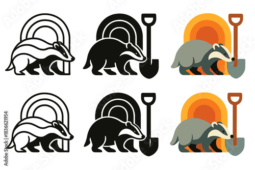 Badger Sett Tools Artistry. Badger Sett Shovel, stylized composition blending striped animal form, tunnel shapes, and garden tools