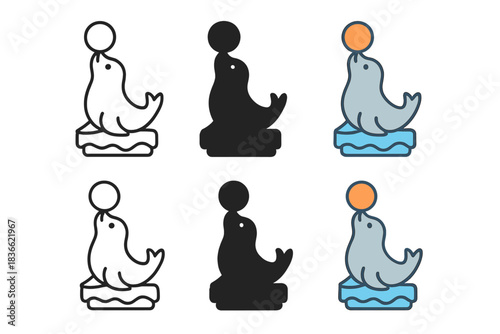 Playful Seal Balancing. Seal Ball Ice, playful arctic icon showing a seal balancing a ball on its nose over floating ice, first in