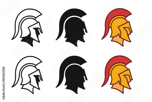 Stylized Helmets Sequence. Helmet side view with curved plume extending backward, bold battle silhouette, first in line style with
