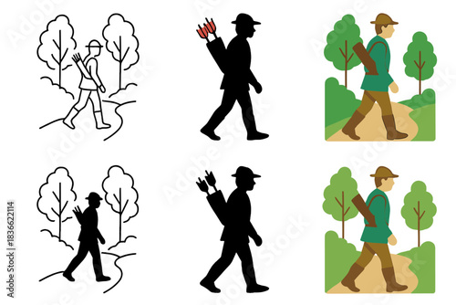 Set of hunters, trees, black silhouette, color icon, arrows, forest, path, green, walking.