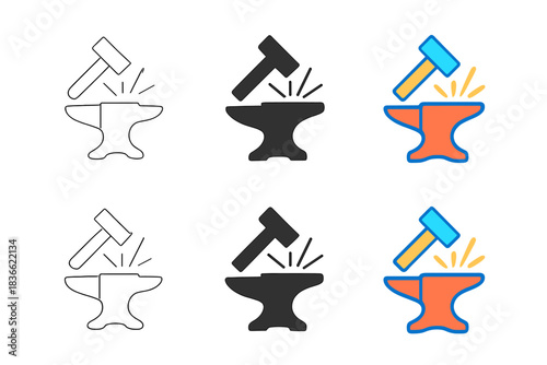 Dynamic Forge Artistry. Anvil centered with hammer raised above, spark motion lines radiating outward, minimal geometric style,