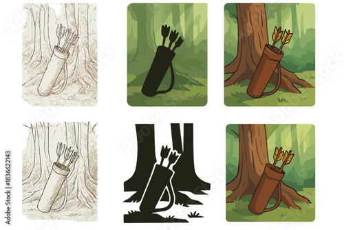 Quiver by Sunlit Roots. Quiver resting beside tree roots with faint sunlight filtering through forest, tranquil tone, first in