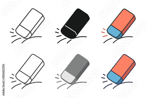Eraser Motion Stages. Rectangular eraser tilted mid-swipe removing curved line, clean motion detail, first in line style with thin