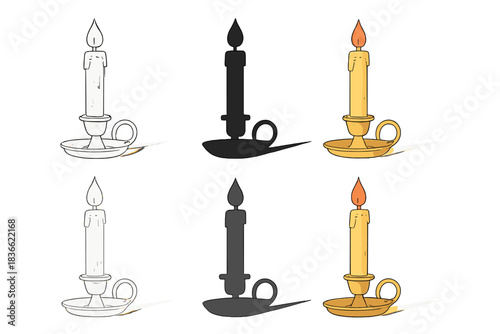 Candle Styles Showcase. Tall candle in holder with flickering flame and shadow stretching to side, elegant calm mood, first in