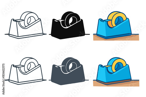 Tape Dispenser Styles. Tape dispenser resting on desk with small strip hanging, calm office vibe, first in line style with thin