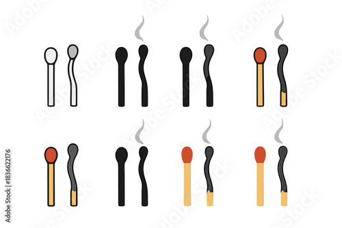 Contrasting Matches. Unlit match beside burnt one with faint smoke and heat shimmer, clear contrast theme, first in line style