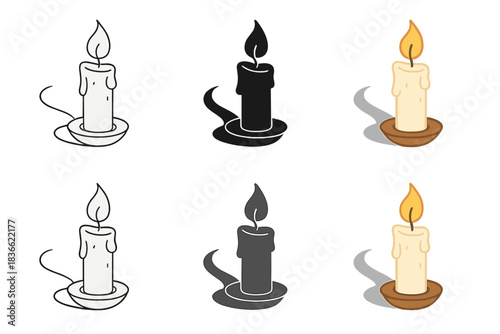 Candle Styles Display. Candle on small base with flickering flame and curved reflected shadow, delicate graceful tone, first in