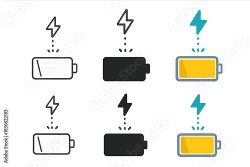 Battery Recharge Icons. Depleted battery icon recharging with upward energy beam, minimal hopeful concept, first in line style