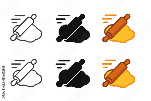 Stylized Rolling Pin Designs. Stylized rolling pin icon with dough being flattened and motion streaks, first in line style with