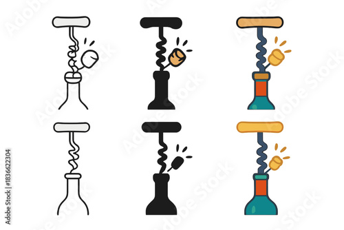 Corkscrew Evolution Artistry. Corkscrew twisting into wine bottle with cork popping out, first in line style with thin outline,