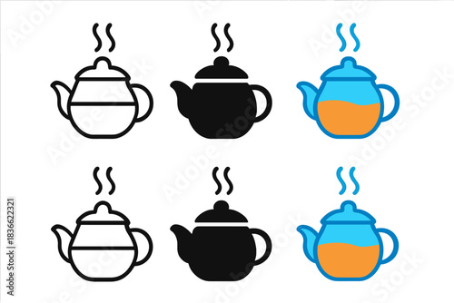 Stylized Teapot Icons. Stylized teapot icon with rising steam and brewed liquid, first in line style with thin outline, second in