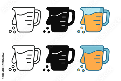 Colorful Measuring Cups. Measuring cup filled with liquid and ingredients spilling slightly, first in line style with thin outline