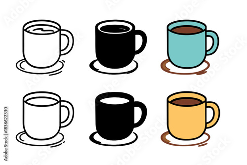 Stylish Coffee Mugs. Coffee mug with liquid inside and subtle stain rings around, first in line style with thin outline, second in