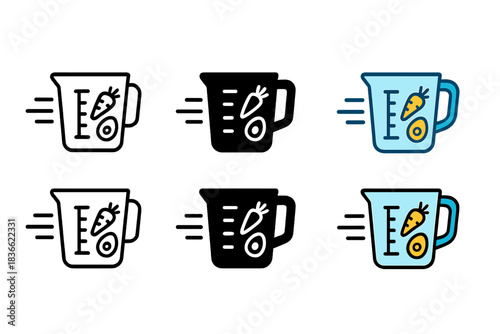 Measuring Cup Evolution. Measuring cup icon with recipe symbols and motion lines, first in line style with thin outline, second in