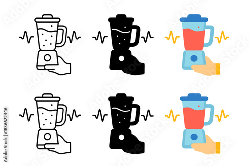Smoothie Art Styles. Hand holding blender with smoothie and stylized pulse waves, first in line style with thin outline, second in