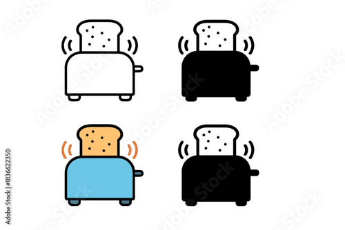Toaster Vibes Animation. Close-up of toaster with bread slices popping and animated vibration arcs, first in line style with thin