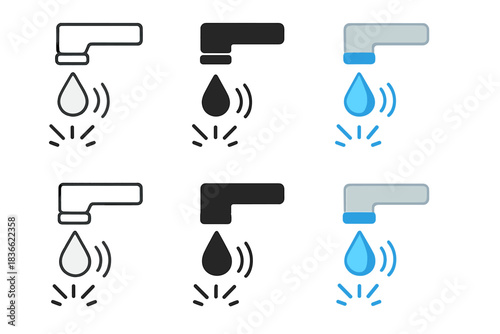 Water Drop Variations. Water drop falling from faucet with motion arcs and splash symbols, first in line style with thin outline,