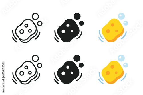 Sponge Icon Variations. Stylized sponge icon with soap bubbles and motion arcs, first in line style with thin outline, second in