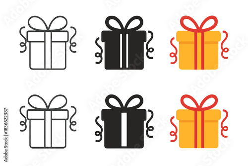 Stylized Gift Presentations. Present with ribbon curls draped over corners first in line style with thin outline, second in solid
