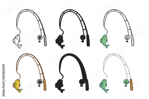 Stylized Fishing Iconography. Fishing rod bending with caught fish on line first in line style with thin outline, second in solid