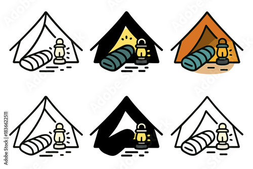 Lantern-Lit Tent Variations. Sleeping bag inside tent glowing with lantern light first in line style with thin outline, second in